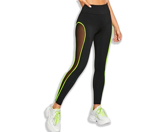 Black High Waisted Leggings With Neon Green Lined Sheer Panel