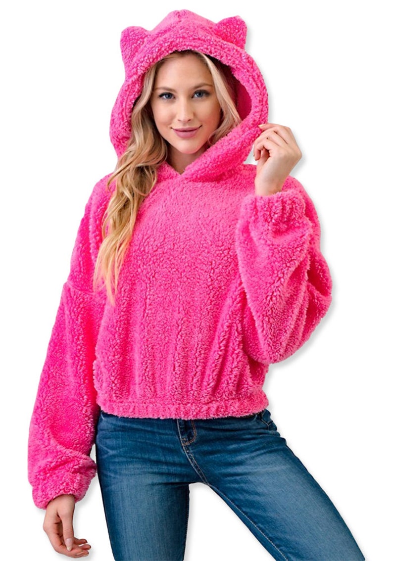 Vintage Sweaters, Retro Sweaters & Cardigan     Neon Pink and White Fuzzy Pull Over Hoodie with Sherpa Fleece Bear Ears  AT vintagedancer.com