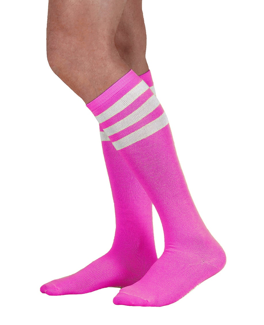 Unisex Neon Colored Knee High Tube Socks With White Stripes Etsy