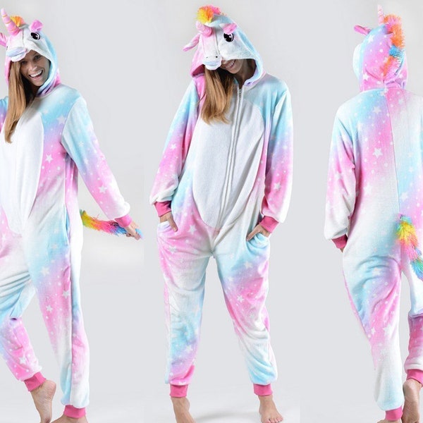 Cute Light Blue and Pink Rainbow Unicorn Hooded Pajama Onesie with Pockets and Rainbow Tail - Adult Size