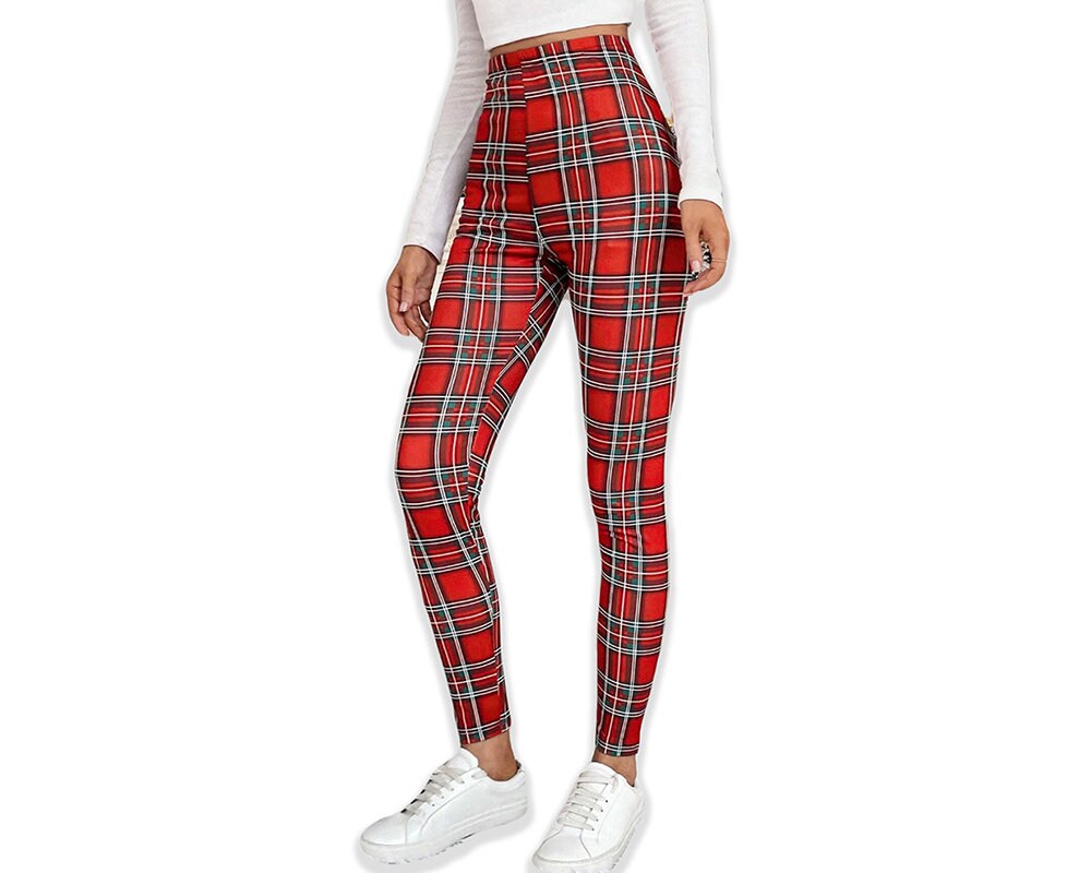 Yellow Plaid Yoga Leggings Women, Tartan High Waisted Pants Cute