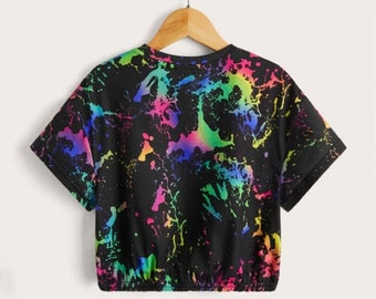 Glow In The Dark Paint Splatter Design Crop Top T Shirt with Short Sleeves and Round Neck