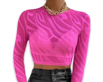 Long Sleeve Mesh Sheer Pink Zebra Print Crop Top with High Stretchability