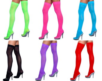 Bas de cuisse opaques pour femmes, couleur unie, fluo, couleurs vives