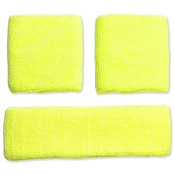 Solid Color Sweatband Combo Set 2 Wrist & 1 Headband - Available in Neon Yellow, Pink, Green, Orange and Many More Colors!