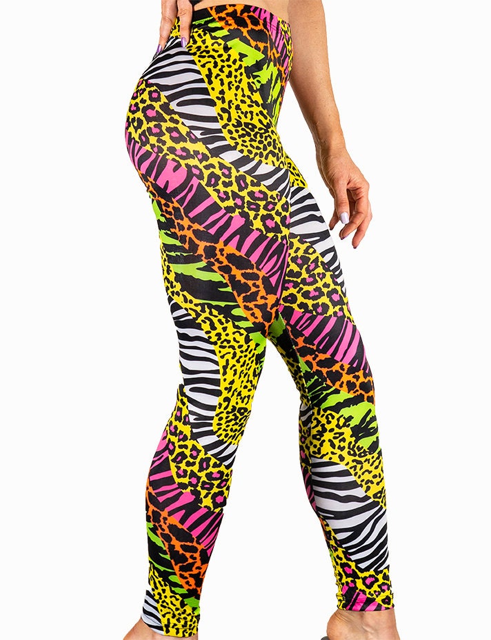 Multi Color Animal Print Bright Leggings 1980s Pants Zebra Cheetah Costume  