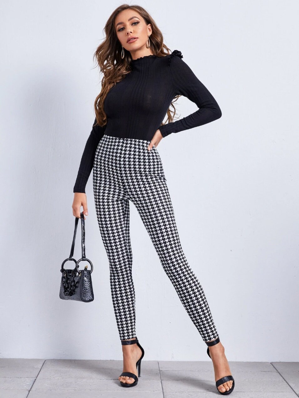 Black and White High Waist Houndstooth Print Leggings Casual Slight Stretch Fit