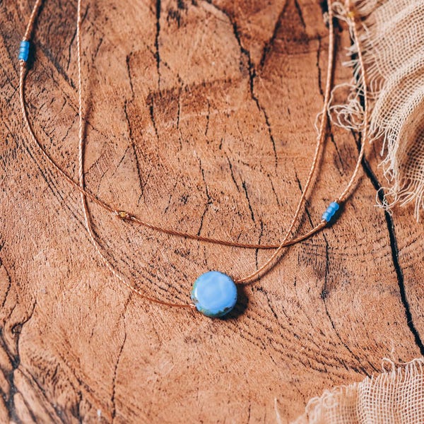AERIS Blue Coin Double Layered Choker Necklace • Adjustable Dainty WATERPROOF Cord Beaded Choker • Colorful Modern Eclectic Jewelry Gift