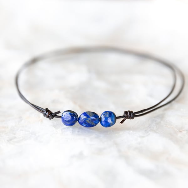Lapis Lazuli Necklace, Leather Choker Necklace, Handmade Lapis Jewelry, Blue Lapis Necklace Gift, Beaded Necklace, Natural Gemstone Jewelry