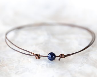 Blue Goldstone Necklace, LEATHER Choker, Handmade Crystal Jewelry, Dainty Simple Stone Choker, Hippie Necklaces for Women, Minimalist Style
