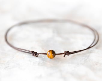 Tigers Eye Necklace, Leather Choker, Dainty Tigers Eye Choker Necklace, Beaded Tiger Eye Jewelry, Natural Stone, Minimalist Hippie Jewelry