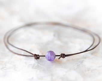 Amethyst Necklace, Leather Choker, Beaded Amethyst Choker, Crystal Necklace for Women, Mens Necklace, Cord Necklace, Boho Handmade Jewelry