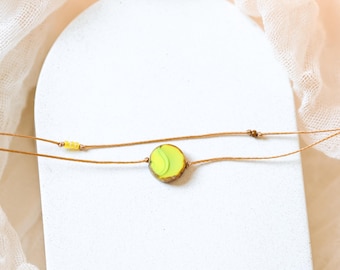 SOLARA Lime Yellow Coin Double Layered Choker Necklace • Adjustable WATERPROOF Cord Beaded Choker • Colorful Modern Hippie Jewelry Gift