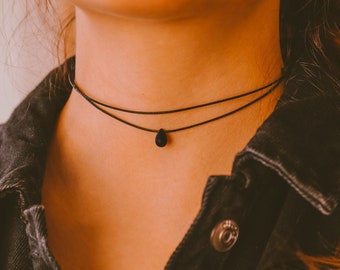Dainty Double Layered Black Choker Necklace, Teardrop Necklace, Thin Cord Choker, Boho Choker, Hippie Necklaces for Women, Minimalist Choker