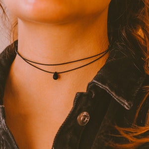 Dainty Double Layered Black Choker Necklace, Teardrop Necklace, Thin Cord Choker, Boho Choker, Hippie Necklaces for Women, Minimalist Choker image 1