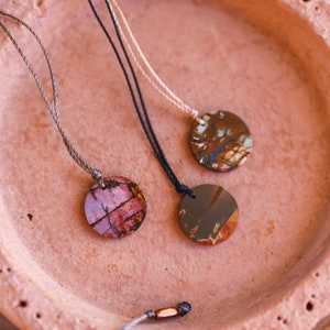 Red Creek Jasper Pendant Necklace, Circle Jasper Crystal Necklace, WATERPROOF Beach Jewelry for Women, Long Layering Necklace, Hippie Style