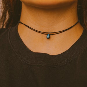 Edgy Double Layered Thin Black Choker Necklace, Teardrop Necklace, Minimalist Goth Jewelry, Hippie Necklace, Indie Gothic Style, Boho Choker image 1