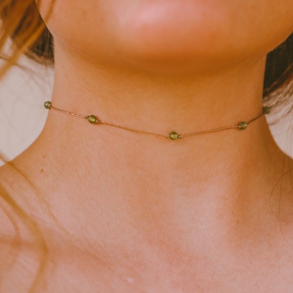 Peridot Necklace, ULTRA Dainty Beaded Choker, Boho Peridot Jewelry, WATERPROOF, August Birthstone, Leo Necklace, Green Crystal Necklace