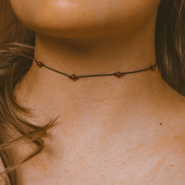 Carnelian Necklace, WATERPROOF, Beaded Necklace, Black Choker, Natural Carnelian Choker, Gemstone Necklaces for Women, RED Crystal Choker