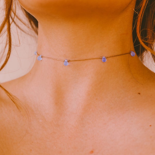 Dainty Teardrop Choker Necklace, Iridescent Blue Beaded Choker, WATERPROOF, Boho Jewelry, Aesthetic Chokers for Women, Fairy Mermaid Jewelry