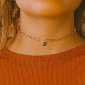Double Layered Choker Necklace, Green Teardrop Necklace, Boho Necklace, Minimalist Cord Choker, Dainty Necklaces for Women, SameSunCo