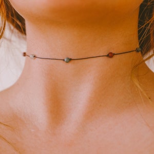 Bloodstone Choker Necklace, ULTRA Dainty Beaded Crystal Choker, March Birthstone Gemstone, WATERPROOF Backdrop Choker, Boho Beach Jewelry