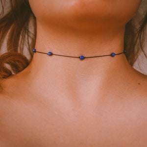 Lapis Lazuli Necklace, Blue Lapis Beaded Crystal Necklace, WATERPROOF Lapis Lazuli Jewelry, Boho Hippie Festival Jewelry, Dainty Blue Choker