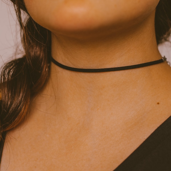 Thin Black Choker, Soft Vegan Suede Leather Necklace, Dainty Necklaces for Women, Minimalist Goth Choker, Simple Choker, Boho Black Jewelry