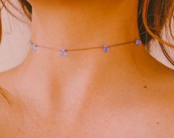 Dainty Teardrop Choker Necklace, Iridescent Blue Beaded Choker, WATERPROOF, Boho Jewelry, Aesthetic Chokers for Women, Fairy Mermaid Jewelry