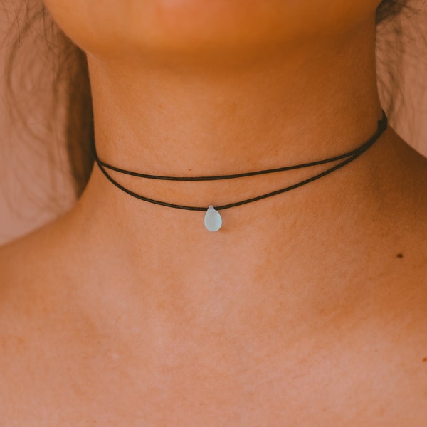 Double Layered Black Choker Necklace, Blue Teardrop Necklace, Edgy Punk Rock Choker, Indie Necklaces for Women, Minimalist Hippie Jewelry