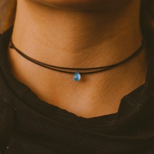 Double Layered Iridescent Blue Teardrop Choker Necklace, Thin Cord Choker, Boho Choker, Hippie Necklaces for Women, Minimalist Necklace