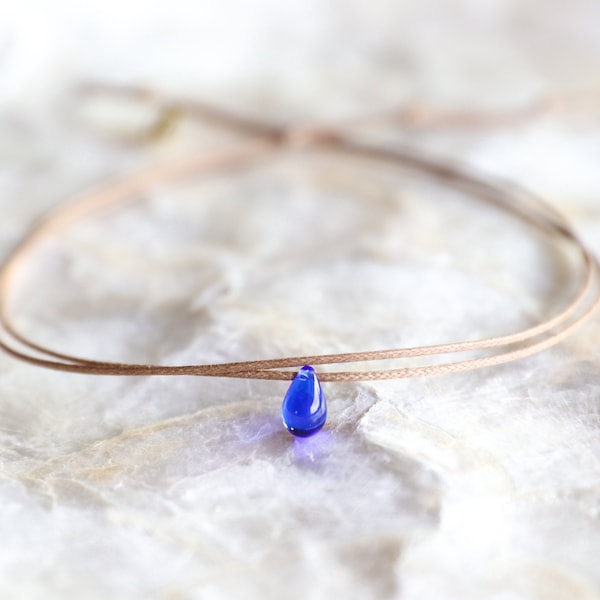 Cobalt Blue Teardrop Necklace, Boho Choker, Minimalist Necklace, Cord Choker, Dainty Bead Necklace, Choker Necklace, Simple Charm Necklace