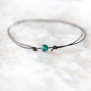 Malachite Necklace, Leather Choker, Genuine Malachite Jewelry, Minimalist Mens Necklace, Green Malachite Choker, Handmade Crystal Necklace