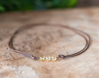 Citrine Necklace, Leather Choker Necklace, November Birthstone Gemstone, Beaded Citrine Jewelry, Boho Hippie Jewelry, Citrine Crystal Choker