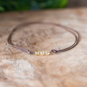 Citrine Necklace, Leather Choker Necklace, November Birthstone Gemstone, Beaded Citrine Jewelry, Boho Hippie Jewelry, Citrine Crystal Choker