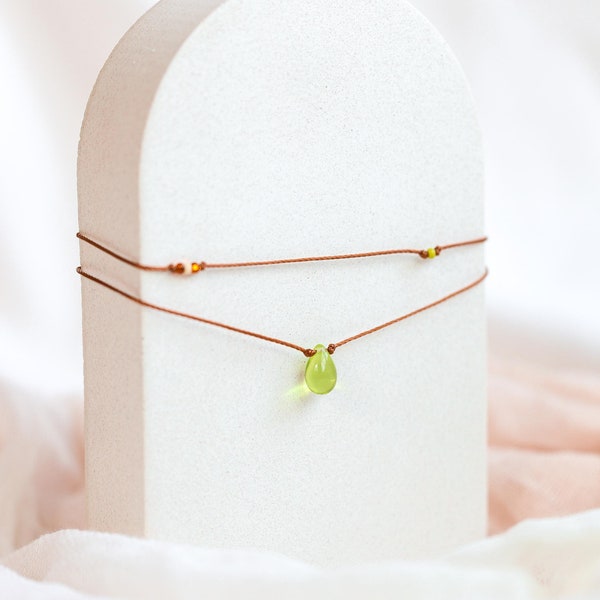 Earthy Green Teardrop Double Layered Choker Necklace • Delicate Waterproof Stacking Necklace • Hippie Jewelry • Handmade Gift for Her