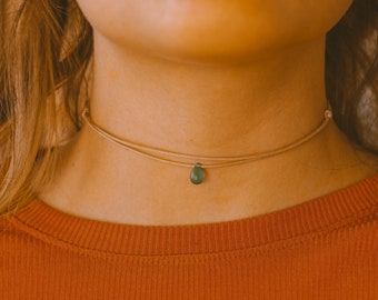 Double Layered Choker Necklace, Green Teardrop Necklace, Boho Necklace, Minimalist Cord Choker, Dainty Necklaces for Women, SameSunCo