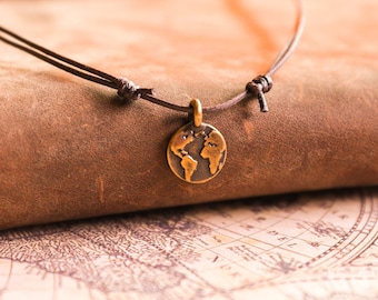Planet Earth Necklace, World Map Necklace, Globe Necklace, Boho Choker, Traveler Necklace, Hippie Necklace, Minimalist Cord Choker SameSunCo