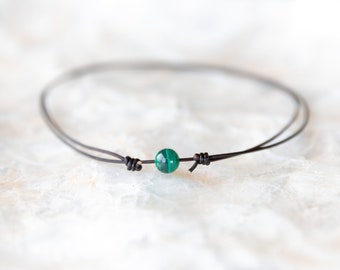 Malachite Necklace, Leather Choker, Genuine Malachite Jewelry, Minimalist Mens Necklace, Green Malachite Choker, Handmade Crystal Necklace