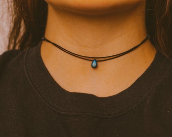 Edgy Double Layered Thin Black Choker Necklace, Teardrop Necklace, Minimalist Goth Jewelry, Hippie Necklace, Indie Gothic Style, Boho Choker