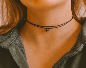 Dainty Double Layered Black Choker Necklace, Teardrop Necklace, Hippie Grunge Jewelry, Boho Necklaces for Women, Thin Cord Minimalist Choker