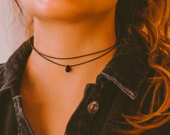 Dainty Double Layered Black Choker Necklace, Teardrop Necklace, Thin Cord Choker, Boho Choker, Hippie Necklaces for Women, Minimalist Choker