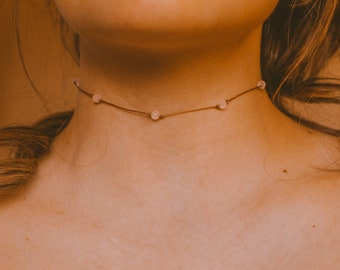 Rose Quartz  Necklace, Crystal Necklace, Beaded Choker, WATERPROOF, Rose Quartz Jewelry, Handmade, Boho Hippie Jewelry, Indie Crystal Choker