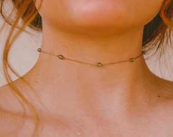 Peridot Necklace, ULTRA Dainty Beaded Choker, Boho Peridot Jewelry, WATERPROOF, August Birthstone, Leo Necklace, Green Crystal Necklace
