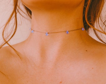 Dainty Teardrop Choker Necklace, Iridescent Blue Beaded Choker, WATERPROOF, Boho Jewelry, Aesthetic Chokers for Women, Fairy Mermaid Jewelry