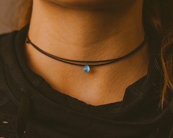 Double Layered Iridescent Blue Teardrop Choker Necklace, Thin Cord Choker, Boho Choker, Hippie Necklaces for Women, Minimalist Necklace