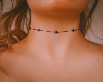 Lapis Lazuli Necklace, Blue Lapis Beaded Crystal Necklace, WATERPROOF Lapis Lazuli Jewelry, Boho Hippie Festival Jewelry, Dainty Blue Choker