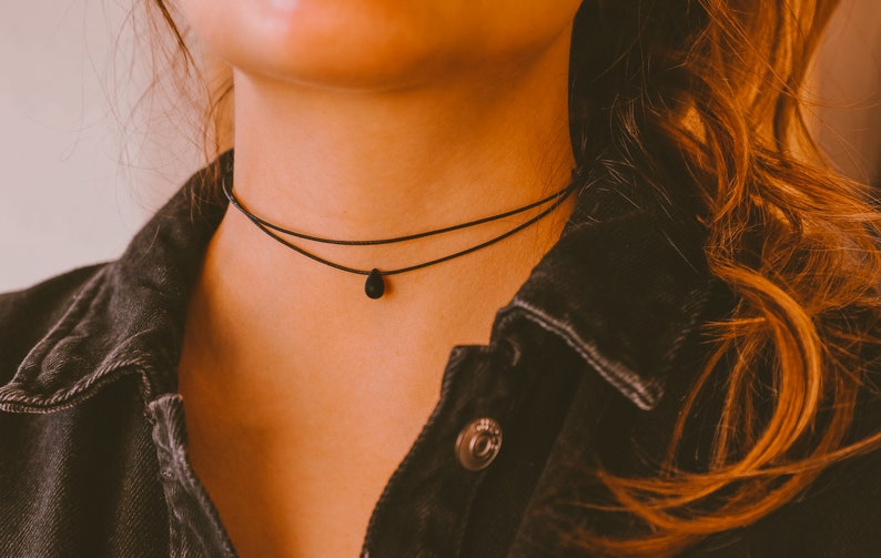 Dainty Double Layered Black Choker Necklace, Teardrop Necklace, Thin Cord Choker, Boho Choker, Hippie Necklaces for Women, Minimalist Choker