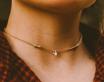 Dainty Teardrop Choker Necklace, Boho Choker, Minimalist Choker, Pendant Necklace, Tan Choker, Cord Choker, Necklaces for Women