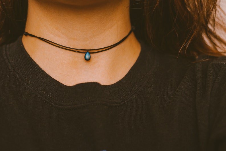 Edgy Double Layered Thin Black Choker Necklace, Teardrop Necklace, Minimalist Goth Jewelry, Hippie Necklace, Indie Gothic Style, Boho Choker image 6